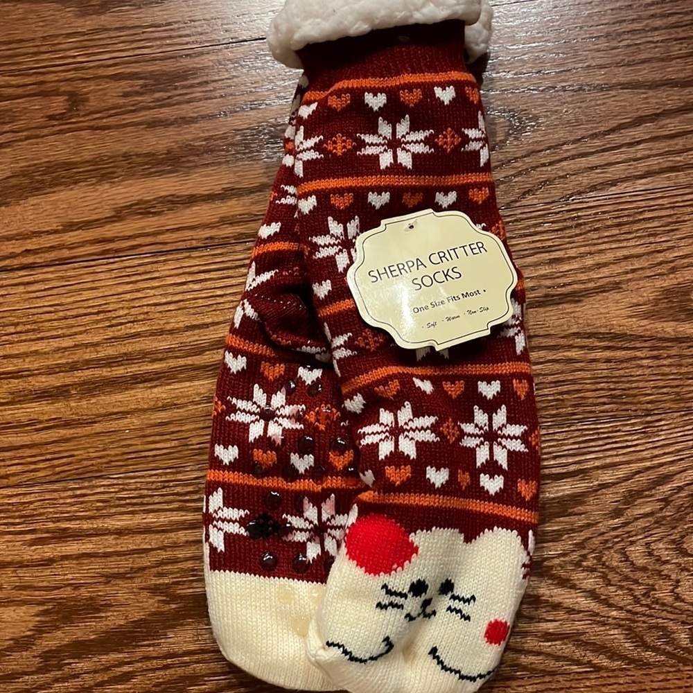 Sherpa critter sweater socks with grip w/ cat motif snowflakes super warm unisex